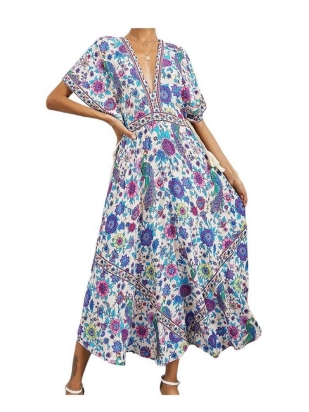 Bohemian Floral V-Neck Maxi Dress in Cream with Multicolor Print